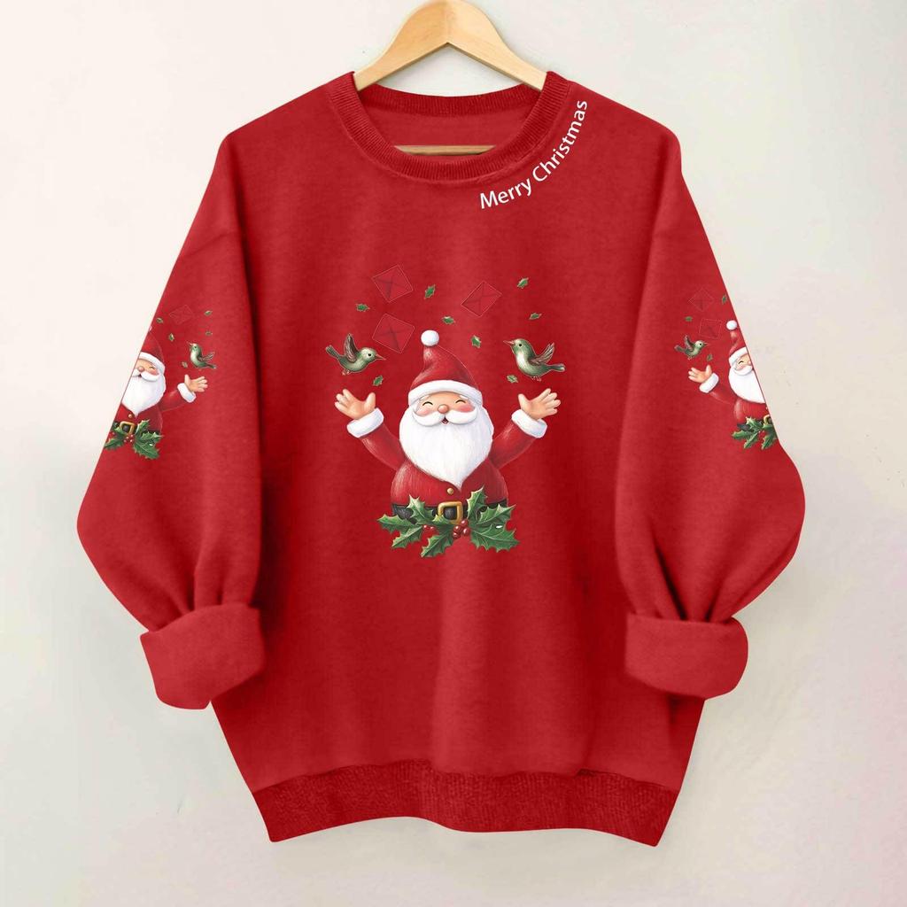 Ladies' Casual And Fashionable Round Neck Top With Christmas Print Hooded T-shirt Long Sleeved Sweatshirt