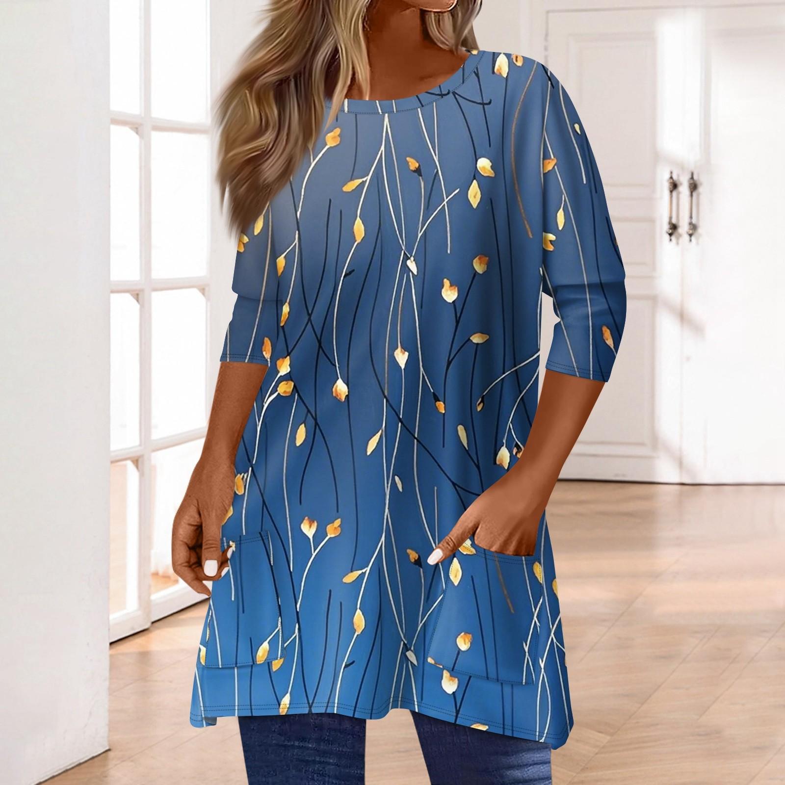 

3/4 рукава кармана топы для женщин футболка повседневный принт средней длины топы футболка круглый вырез пуловер блузка L