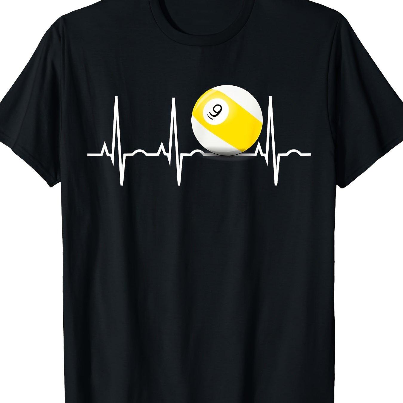 9 Ball Pool Player Heartbeat ECG Graphic Tee Breathable Casual Short Sleeve TShirt S