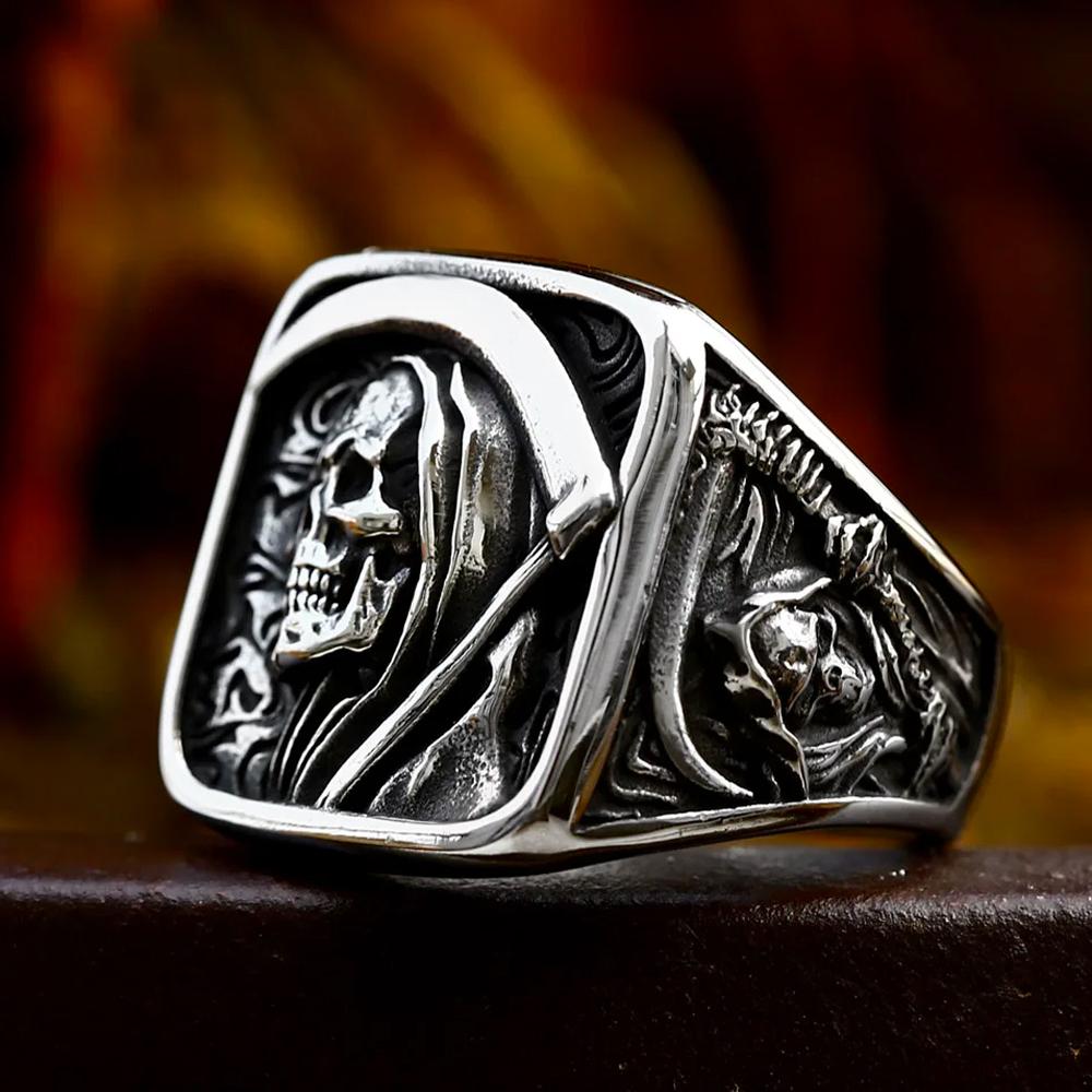 Gothic Vintage Todes Sichel Totenkopf Ring für Herren 316L Edelstahl Hip Hop Biker Skelett Ringe Punk Party Schmuck Großhandel