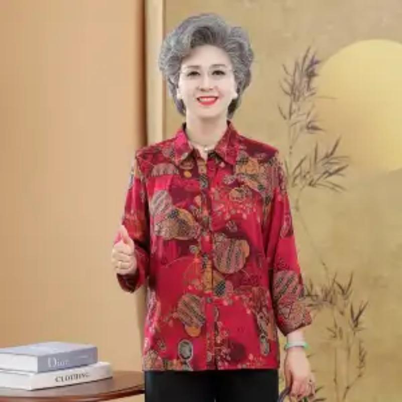 Elderly Women s Floral Print Turn-Down Collar 3/4 Sleeve Blouse XL