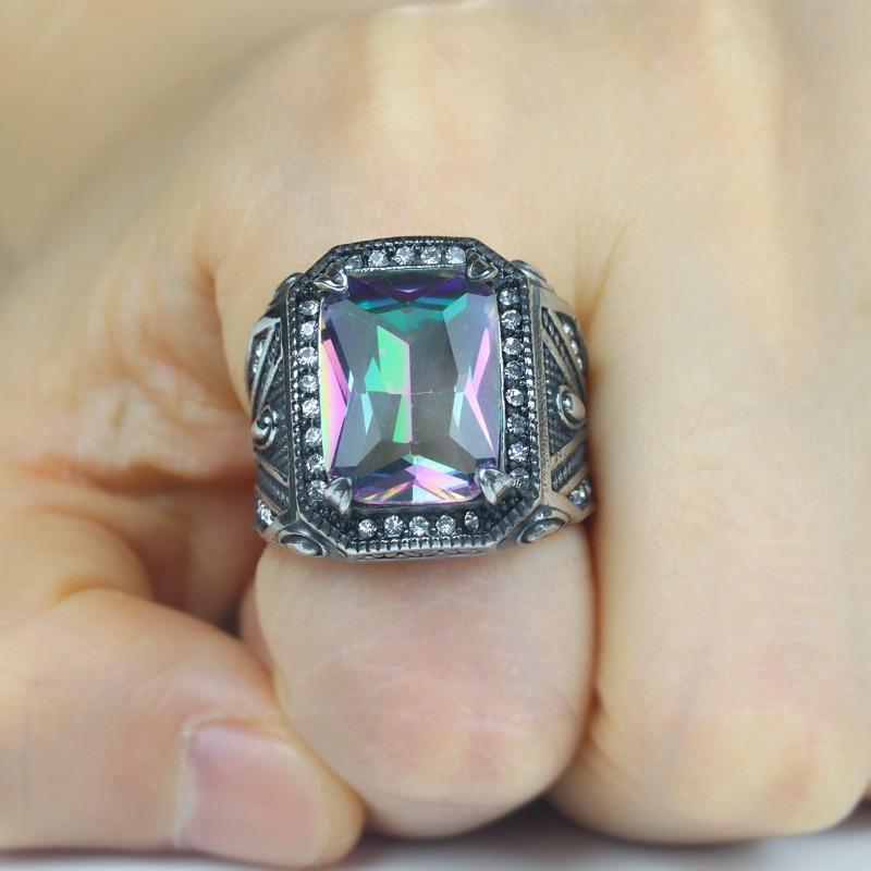 Vintage Personality Colored Gemstones Men's Punk Fashion Alloy Zircon Ring