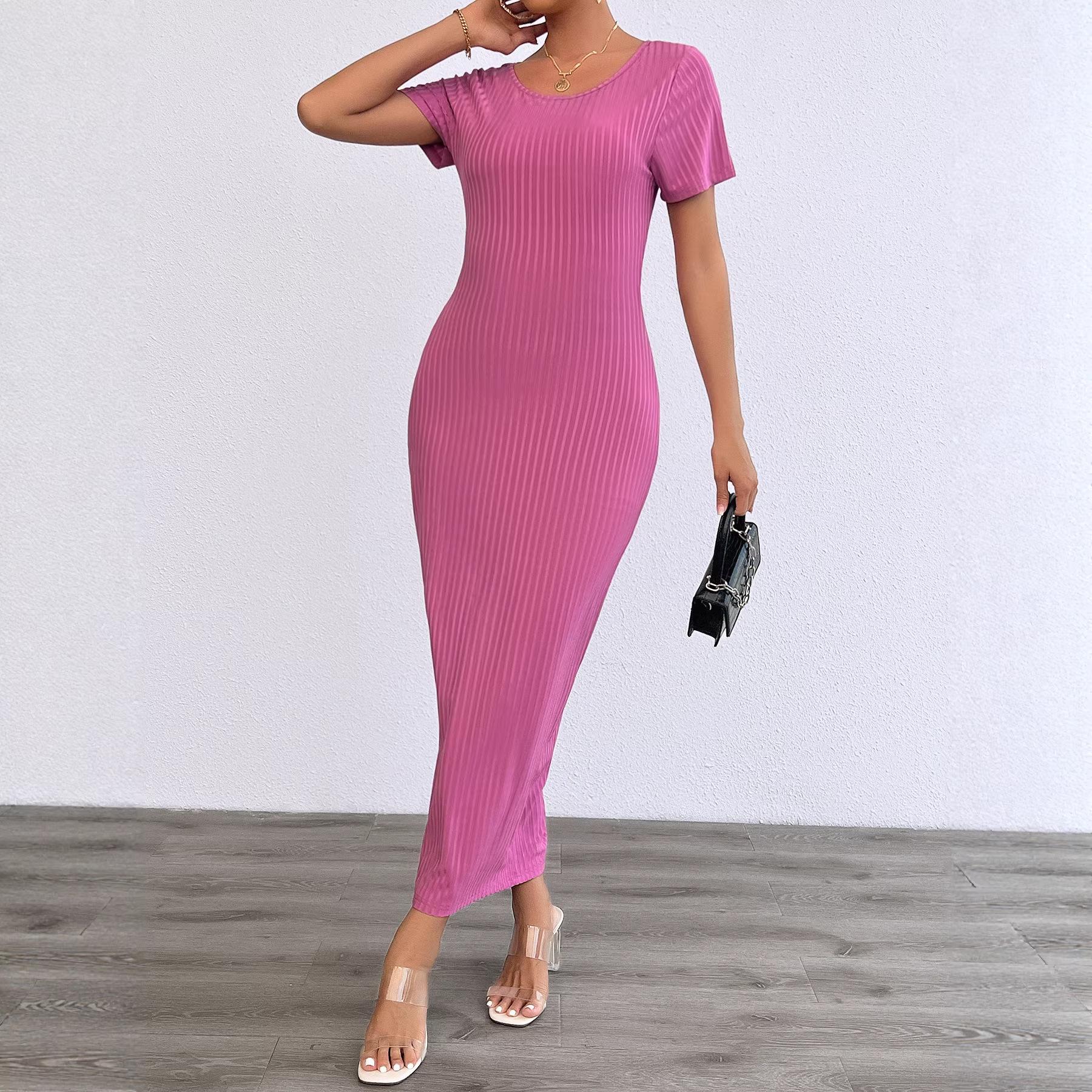 Spring and summer women s clothing new fashion casual solid color round neck slim dress women S