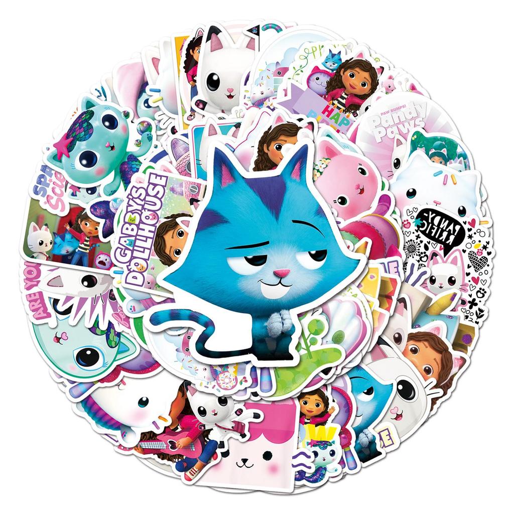 Gabby's Dollhouse Cartoon Stickers: 50 Waterproof Sheets for Suitcase, Scooter, Computer, and Tablet Decoration