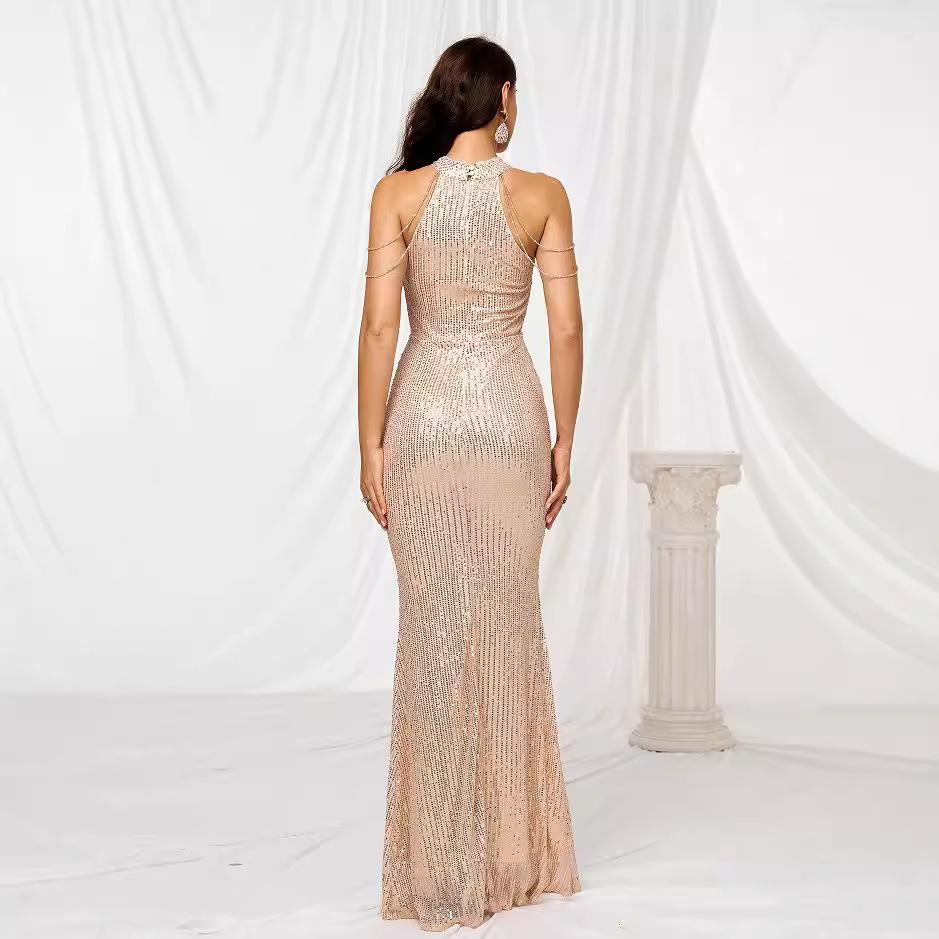 Autumn new product fashion neck sexy crystal chain hip wrap sequins European and American dress mid waist evening dress