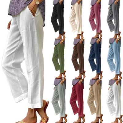 Pantaloni de trening pentru femei, din bumbac și in, cu talie elastică, cu picior larg, casual