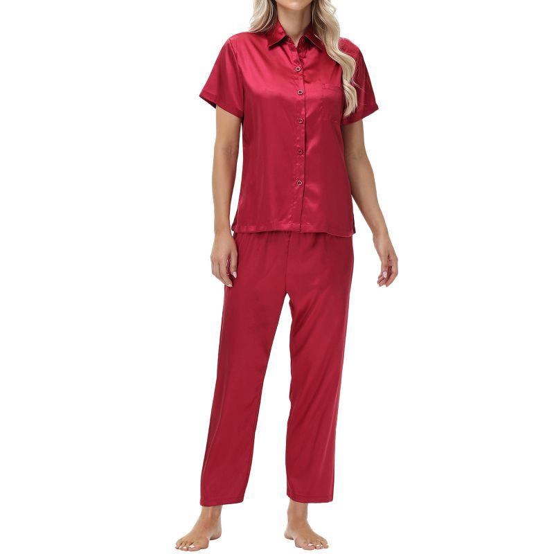 

Женский пижамный комплект из атласной ткани однотонного цвета, с коротким рукавом, рубашка на пуговицах с лацканами и брюки, домашняя одежда M