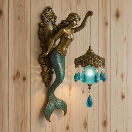 Yousheng Vintage Mermaid Wall Lamp Artistic Home Office Living Room Bedroom Virgin Mary Resin Statue Wall Sconce Decorative Night Light