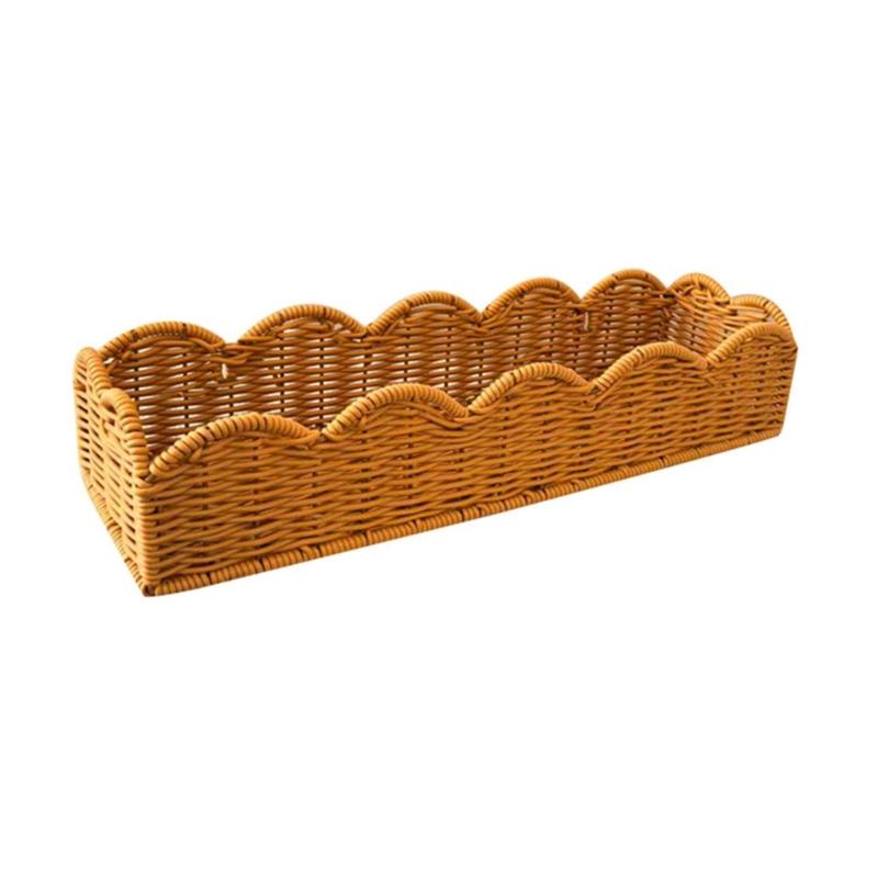 

Portable Rectangular Basket With Imitation Rattan Weave Plastic Construction For Easy Moving Multi Purpose Storage Bin 1