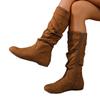 Foreign Trade Women's Large-size Boots Autumn and Winter New Side Zipper Pleated Fashion Boots Flat Bottom Suede Round Head