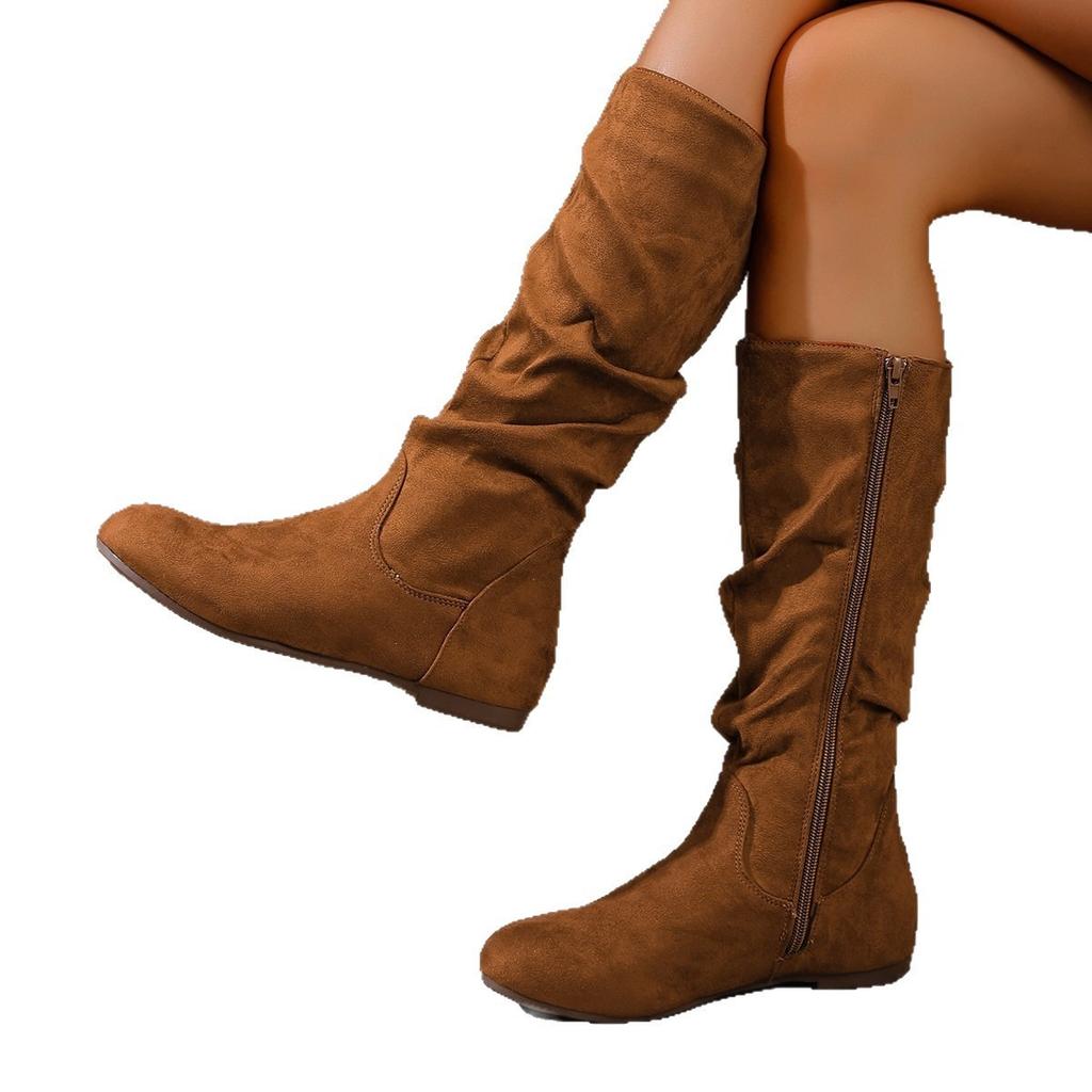 Foreign Trade Women's Large-size Boots Autumn and Winter New Side Zipper Pleated Fashion Boots Flat Bottom Suede Round Head