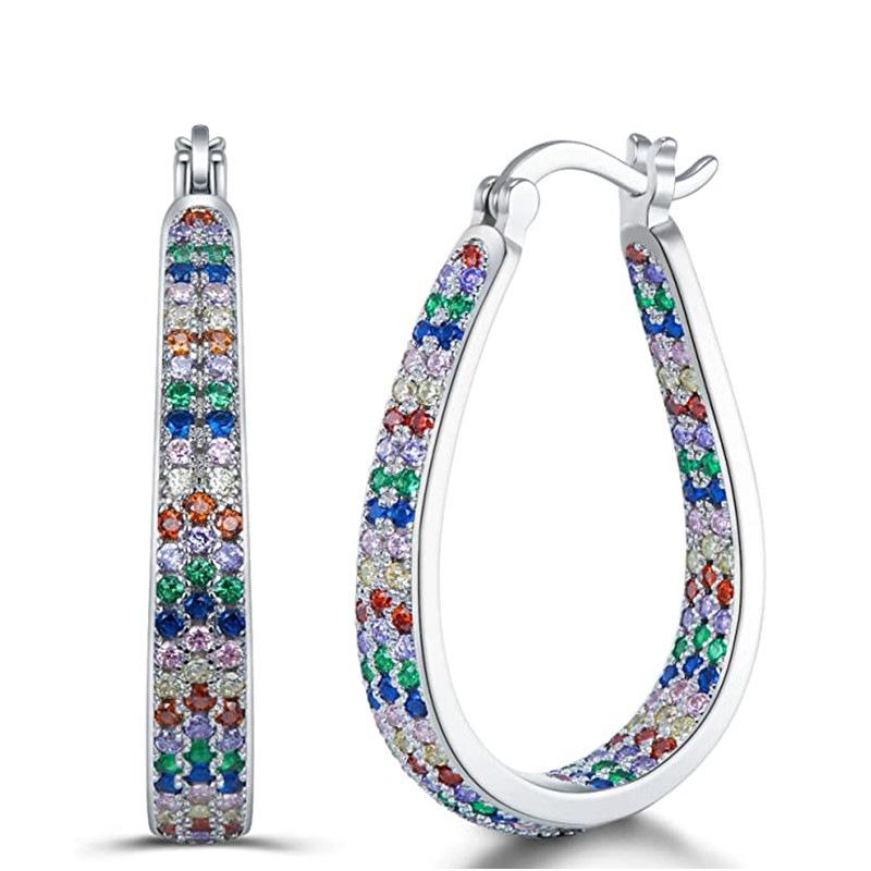 Silver Plated Rainbow CZ Oval Hoop Earrings, Full Pave Multicolor in&Out Hoop Earrings for Women