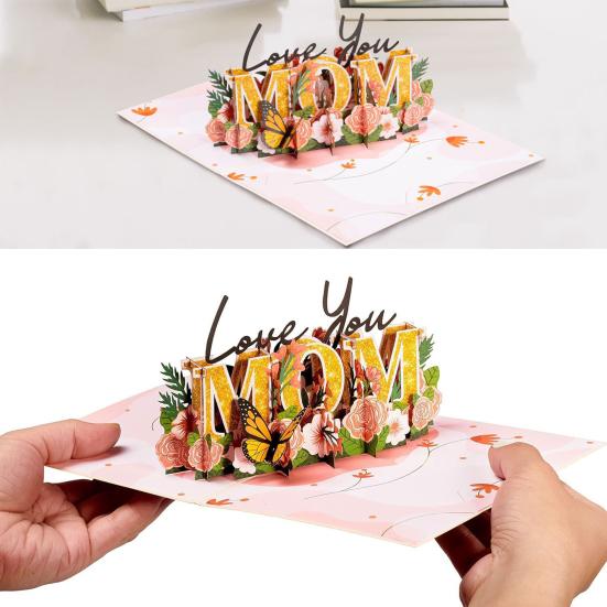 Mother's Day Pop Up Card Love You Mom 3D Greeting Card with Butterfly Roses for Mother's Day Birthday Anniversary Gift