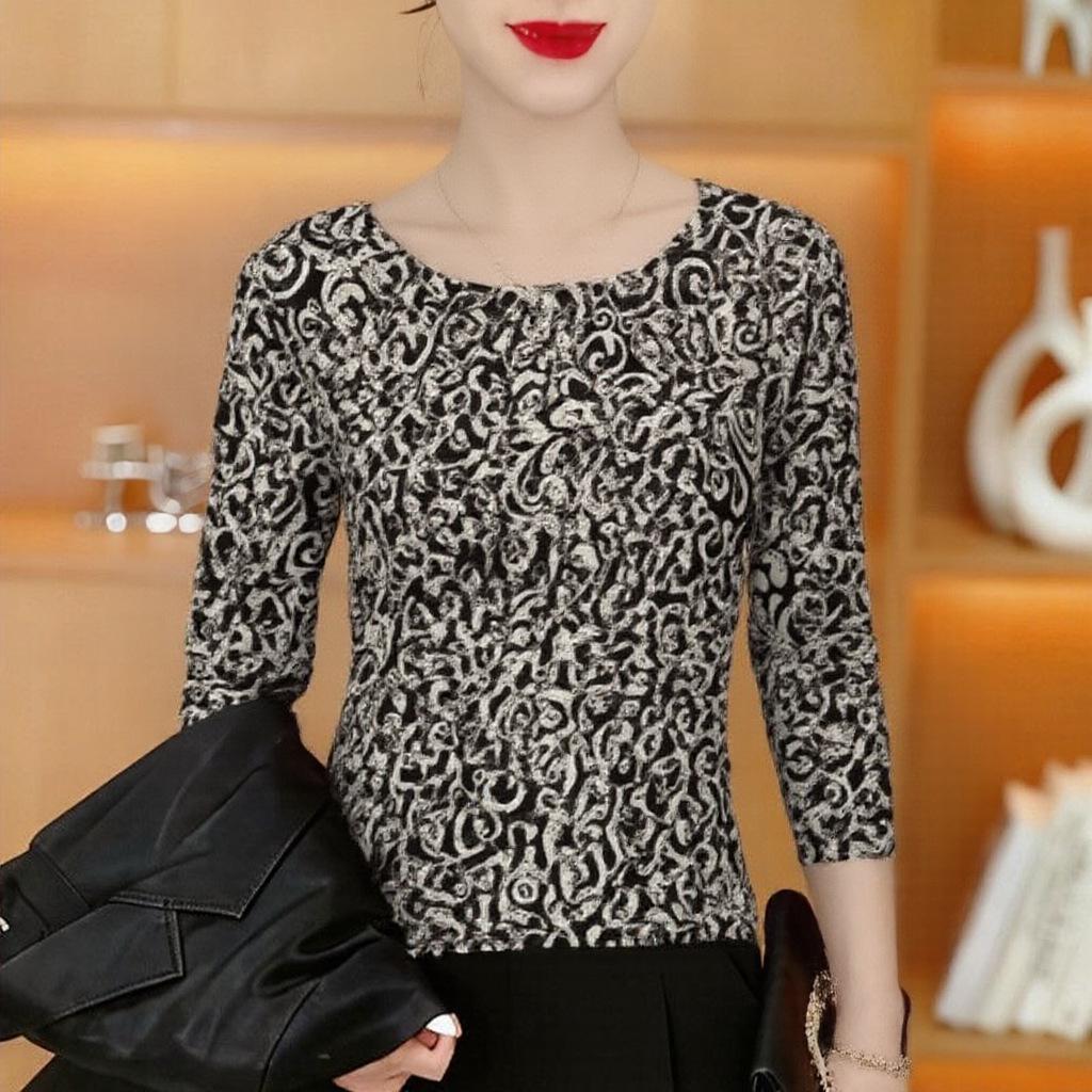 

Spring 2026 Fun Print Long Sleeve Round Neck T-shirt for Middle-aged and Elderly Women M