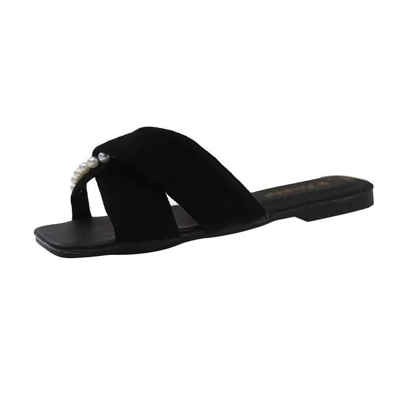 Thick-bottomed fairy wind slippers 22 years old summer new beaded open-toed outer wear beautiful one-word cool slippers 36 чёрный
