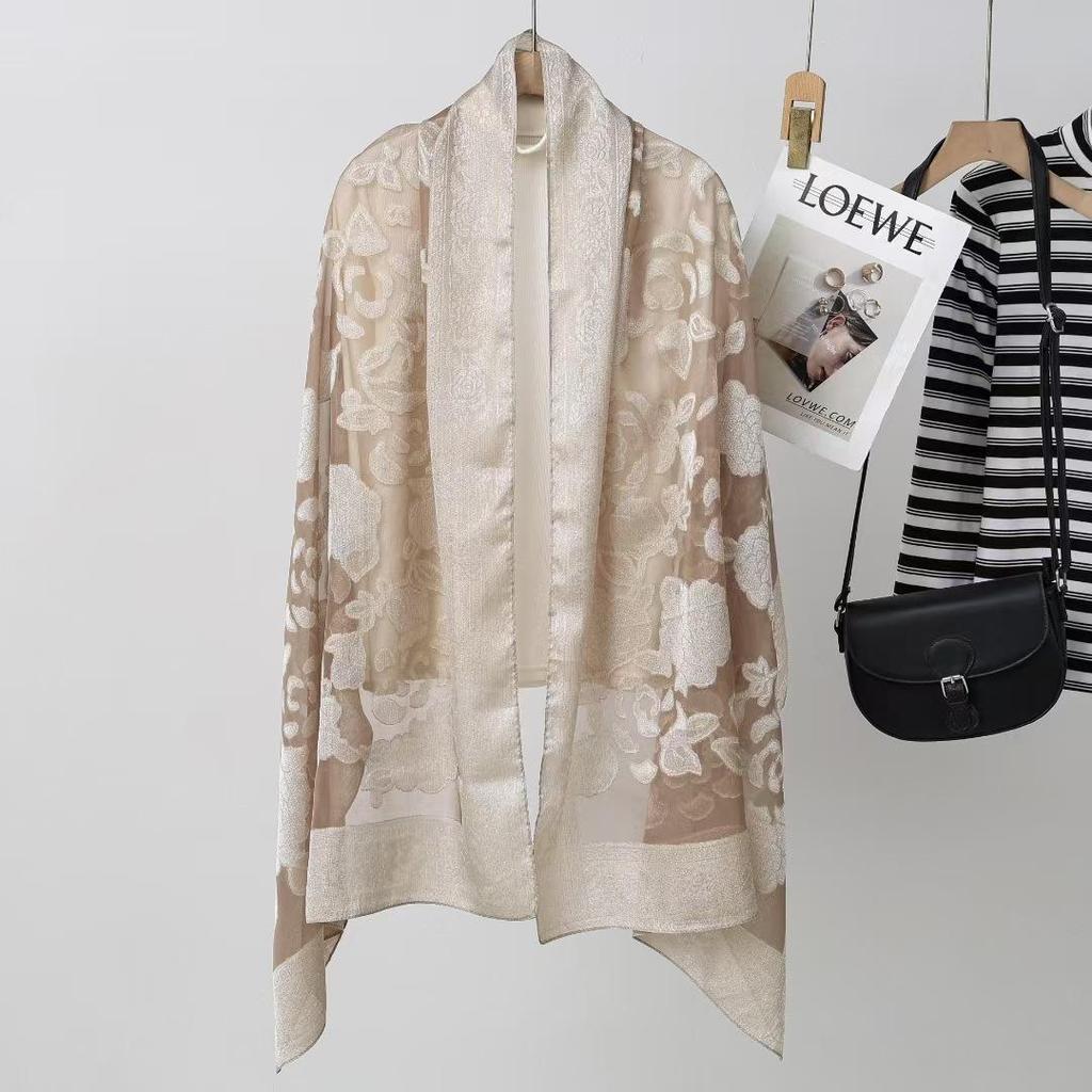 2025 New Women's Chinese-Style Rose Cut-Out Imitation Silk Shawl: Lightweight Summer Sun Protection Scarf