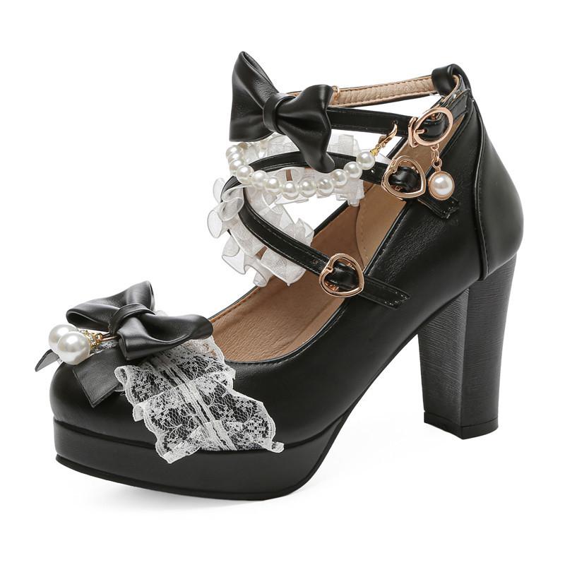 Original Lolita beaded buckle with women's single shoes fashion thick heel light mouth lace bow sweet princess high heels