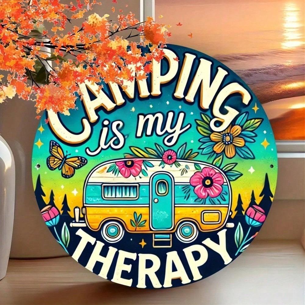 Vintage Camper Van Tin Sign, Round Retro Metal Wall Art, Camping Decor for Living Room, RV Garage, Man Cave, 7.8 Inch