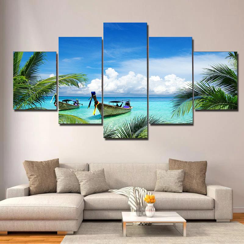 5 pieces Seaside Landscape Canvas Painting, Sunrise, Sunset, Coconut Trees and Ocean Waves, For Home Room Hotel Decor, No Frame