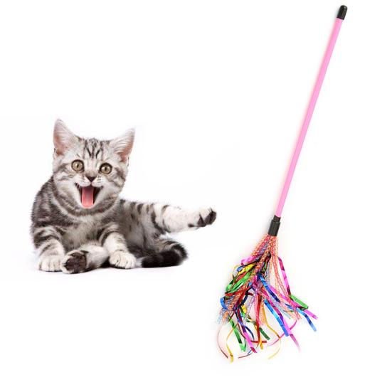 Colorful Rattle Ribbon Teaser Rod Wand Stick Pet Cat Kitten Bite Chew Chase Toy