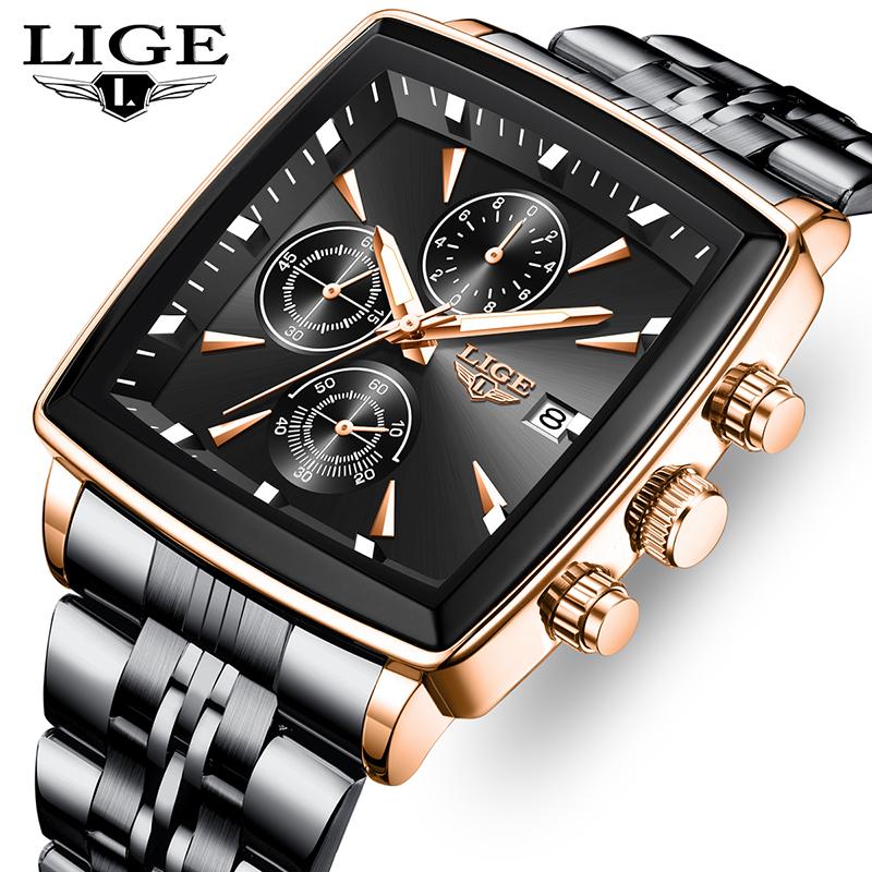 LIGE Top brand luxury watches mens Business Square Military Waterproof Sports Quartz Men's Stainless Steel Strap Calendar reloj