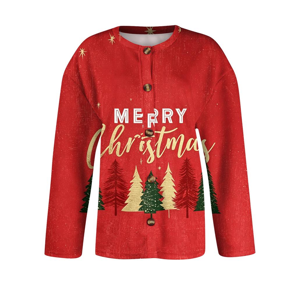 Women's Christmas Print Long Sleeve Knit Cardigan, Button Front Holiday Sweater