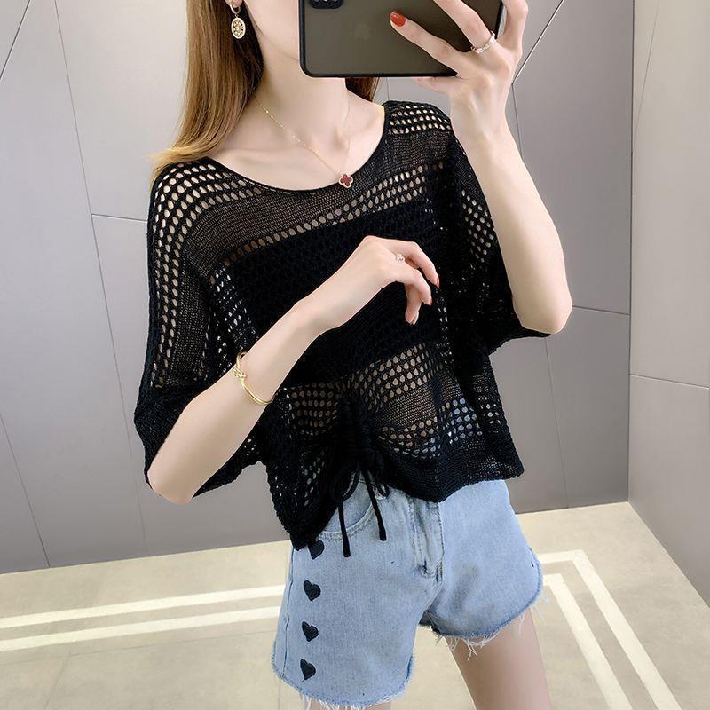 Hollow top knitted sweater women's summer bat-sleeved blouse loose short drawstring mesh shirt with suspenders