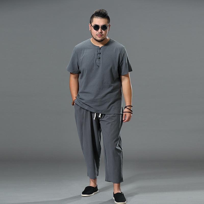 Ανδρικά Ρούχα Μεγάλο Μέγεθος Φόρμα Άντρας Καλοκαιρινό Σετ Λινό Μπλουζάκι Μόδα Ανδρικό Σετ Κινέζικο Στυλ Μεγάλο Μέγεθος