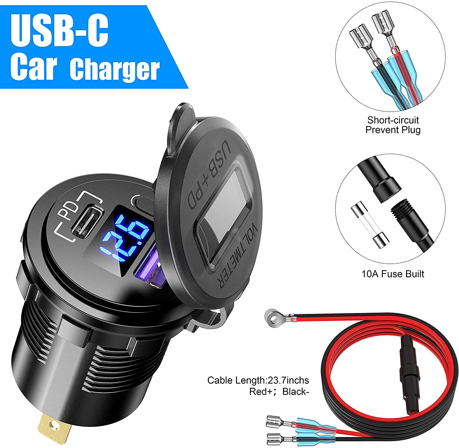 Fast Caricabatterie Auto USB C Con QC 3.0 E Interruttore On/Off - Presa 12V/24V Ricarica Rapida 45W Per Smartphone E Tablet - 2