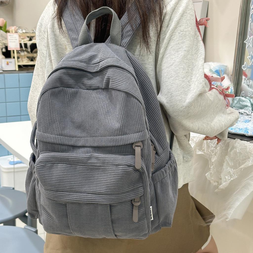 Schoolbag Premium Corduroy Backpack Female Korean Version Casual Solid Color Strip Velvet Backpack Simple Design Commuter Schoolbag