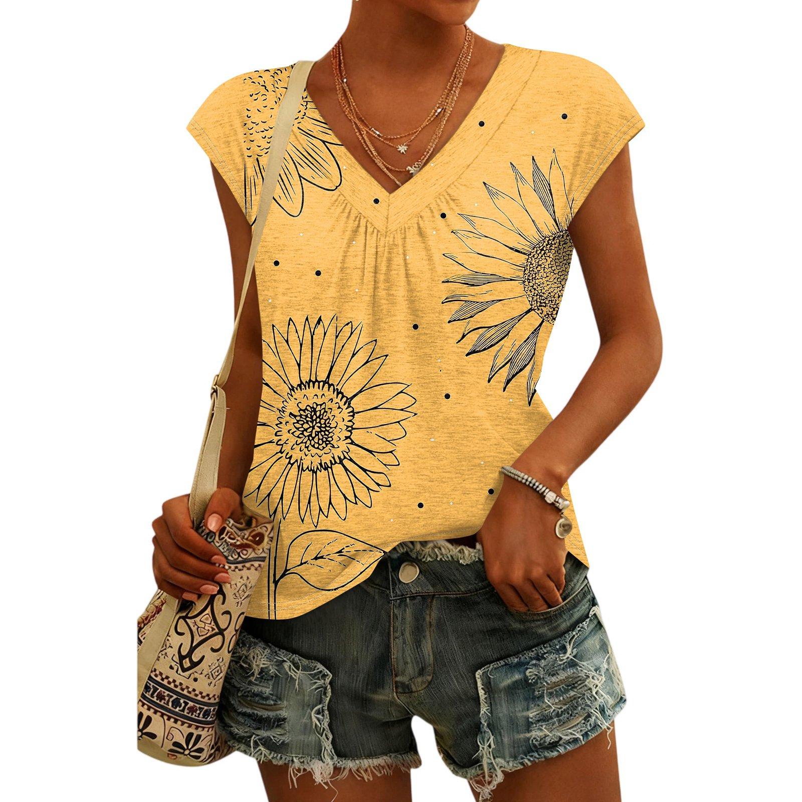 

Women s Fashion V-neck Vintage Floral Print Short Sleeve Top XL жовтий