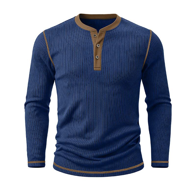 Men's Henry Neck Knit Long Sleeve T-Shirts Color Block Ribbed Casual Slim Fit Pullover Tops Autumn Winter Thermal Undershirts Men