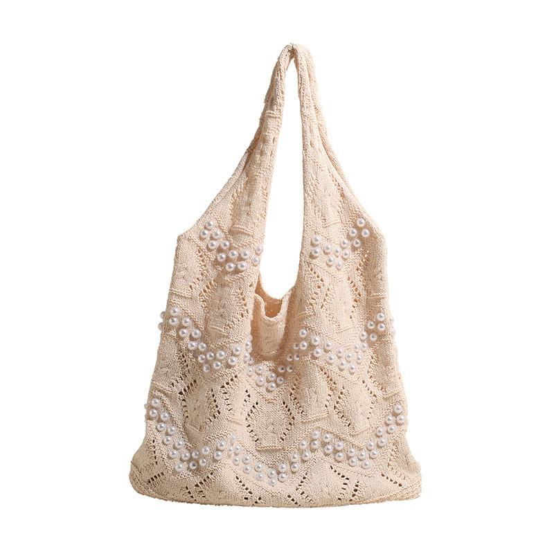 

2026 New Casual Minimalist Knit Shoulder Bag for Women Large Capacity Commute Fashion Pearl Tote Bucket Bag бежевий