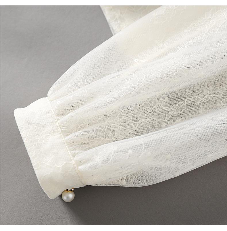 Nanyou Light Luxury Beaded Collar Mesh Sequin Lace Embroidered Spring Shirt for Women