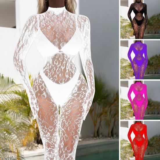Women Sex Jumpsuit Hollow Out See-through Lace Fishnet Long Sleeves High Elasticity Thin Skinny Half-high Colllar Lady Honeymoon Wedding Jumpsuit