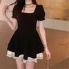 French Hepburn Style Black Square Neck Dress Children's Summer New Small Waist Tutu Skirt Short Skirt