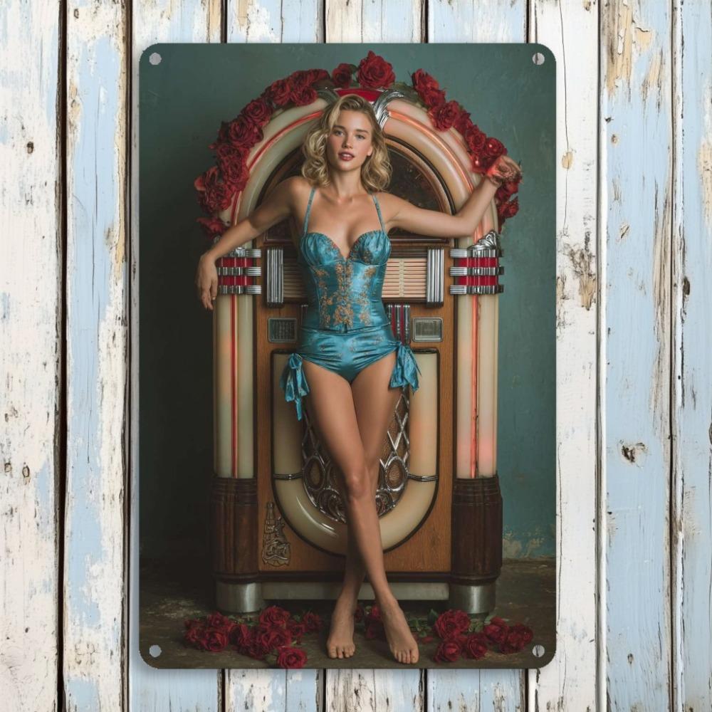 Vintage Metal Sign S Pinup Girl Music Box Red Rose Wall Art X Inch Retro Home Bar Garage Decor