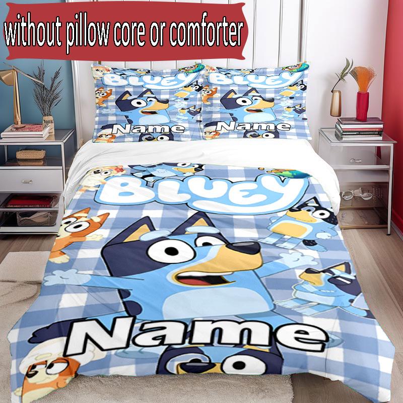 3pcs Duvet Cover Set (1*Duvet Cover + 2*Pillowcase, Without Core), Custom Name Bluey Pattern Bedding Set, Home Bedroom Decor Gift