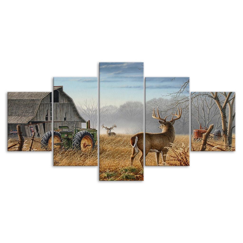 Animal Deer Village Landscape 5 Piece Five Panel Wall Canvas Print Modern Art Poster Picture Home Decor Gift For Him For Her