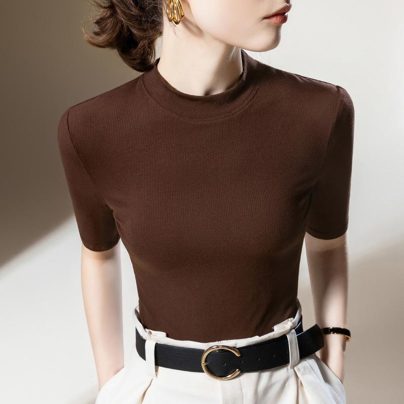Threaded Mid-sleeved T-shirt for Women New Women's Small Stand Collar Solid Color Half-sleeved T-shirt Waist Tight Body