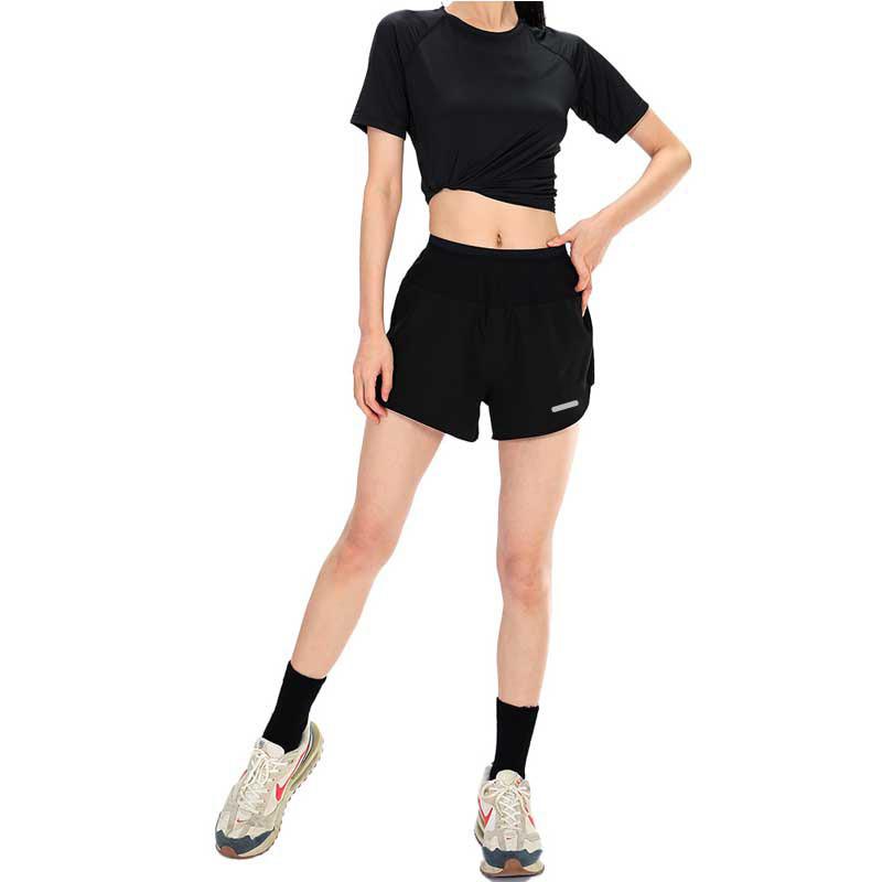 Shorts de corrida femininos com 5 bolsos, secagem rápida, camada dupla, anti-exposição, refletivo, para maratona