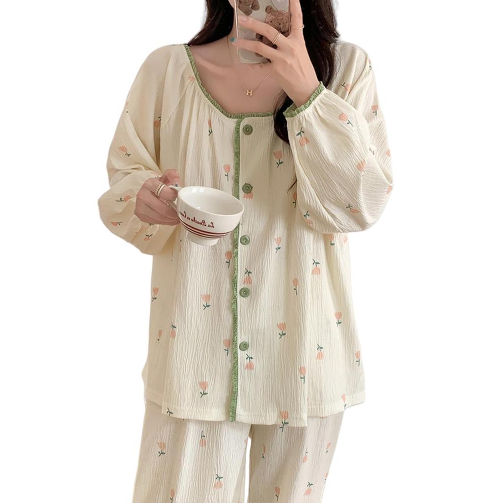 Narebualo Cietupoop Square Long Sleeve Floral Cute Easy to Put On and Take Suitable for and Winter Women's Pajamas, Collar, Button-Up Front, Print,