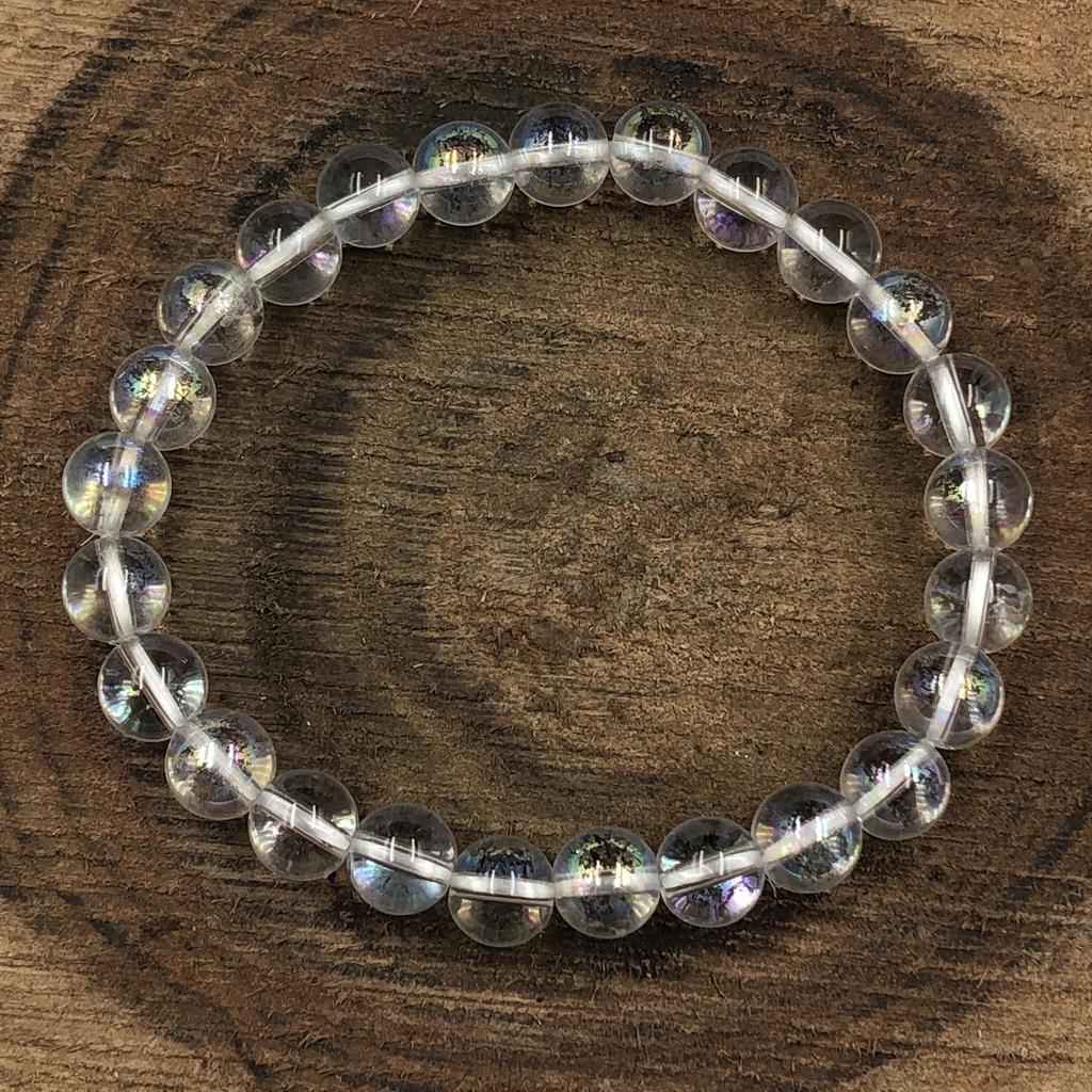 Bracciale Elastico 7.5" con Perle Rotonde Bianche Pure in Pietra Naturale Quarzo Aura 8mm Regalo Per Uomo/Donna RBB-76
