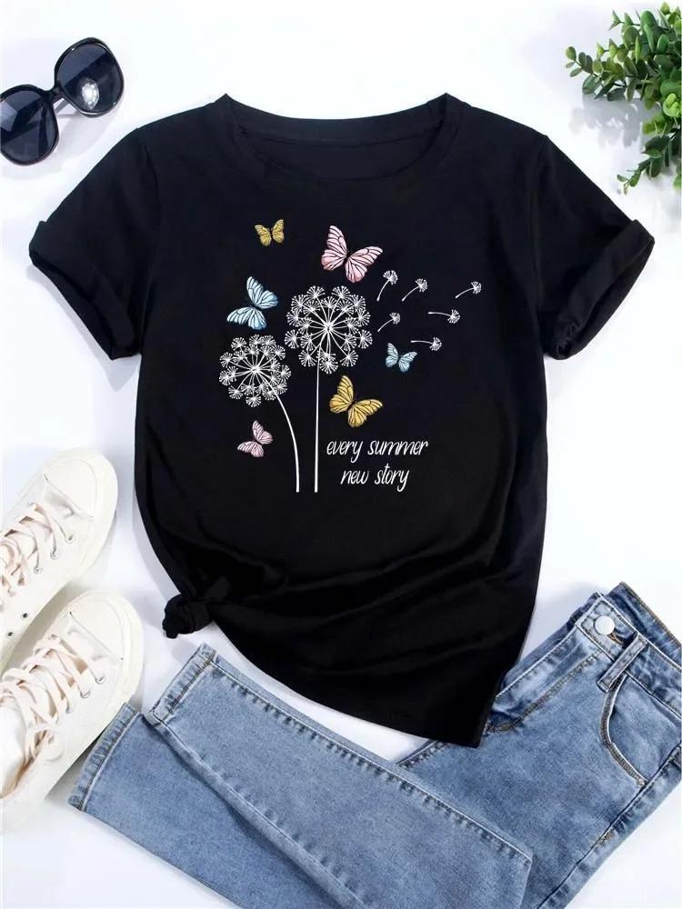 Minimalist White Dandelion Butterfly Black TShirt with Intricate Line Art Design NatureInspired Casual Top for Women S