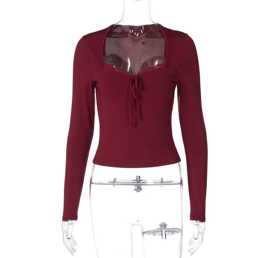 European and American lace lace bottoming shirt autumn new fashion Spice Girl tight square neck thin top women's wholesale