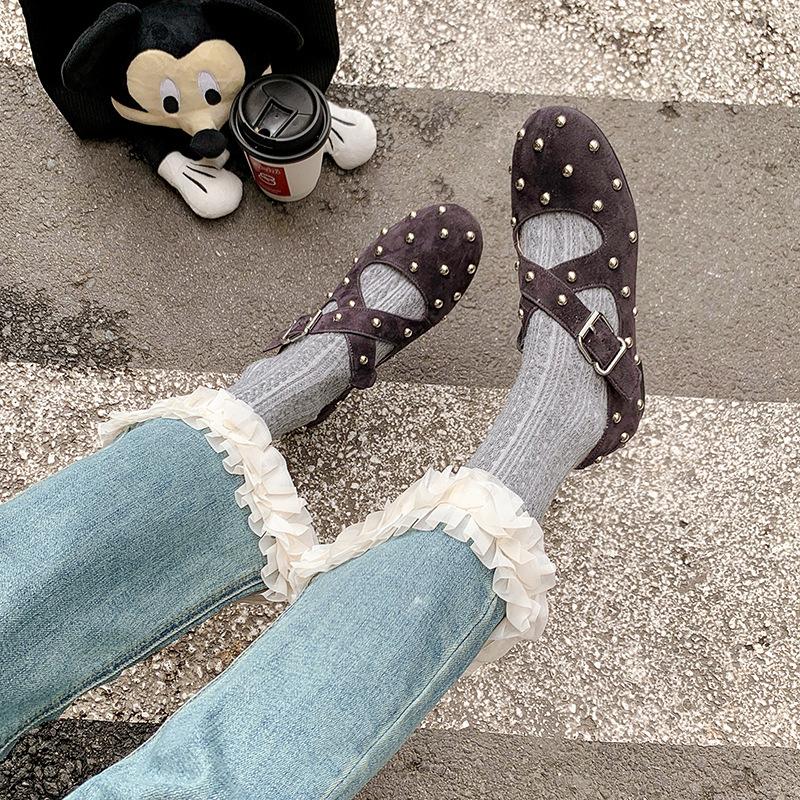 Niche Trendy Brand Large Size Retro Rivet Cross Buckle Mary Jane Single Shoes 25 New Round Head Flat Ballet Shoes