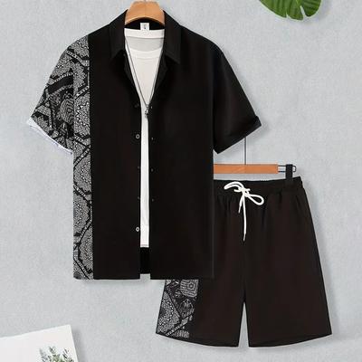 New Men's Summer Holiday Suit Retro Textured Printed Border Shirt Short Sleeve Shorts Two Piece Men's Breathable Pool Suit