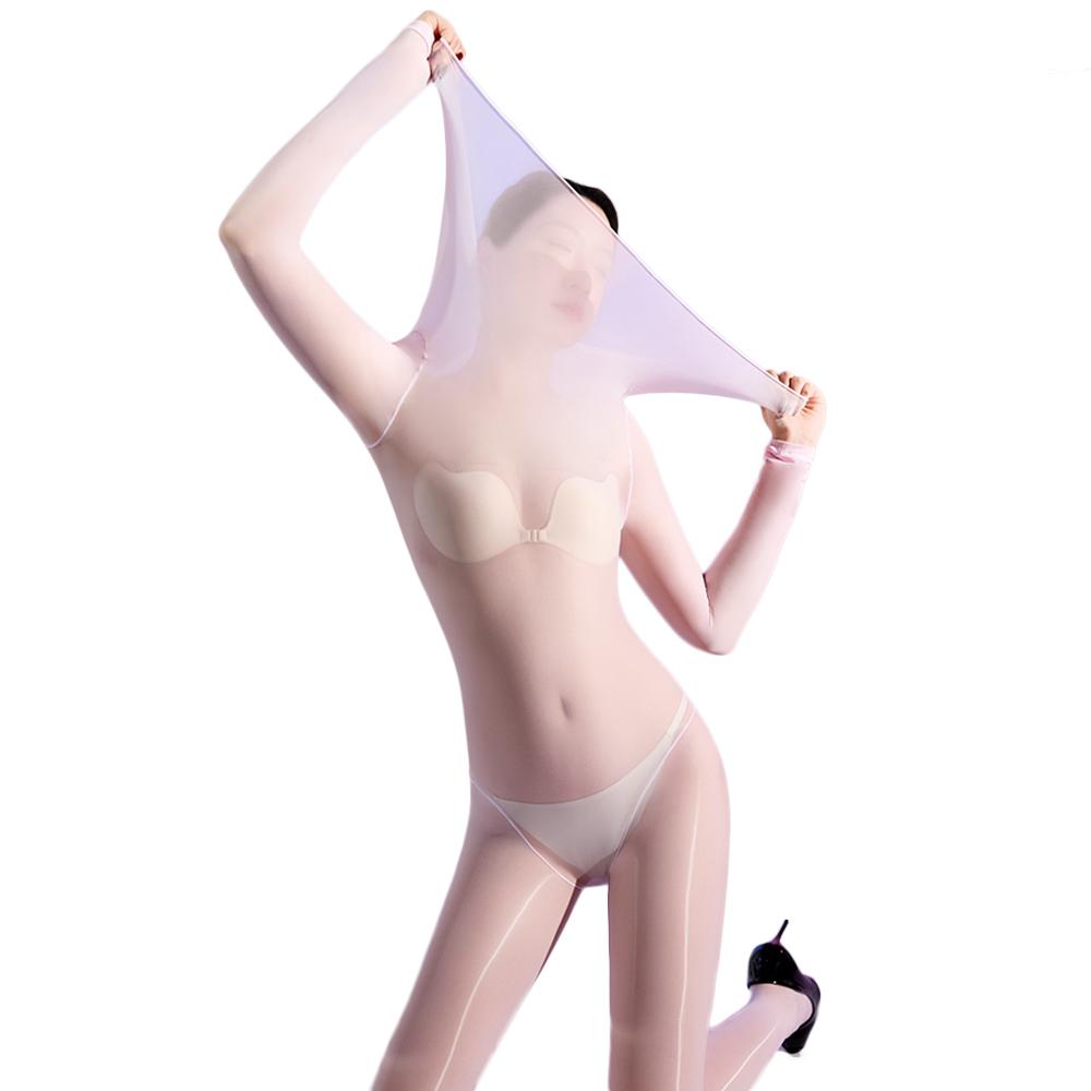 Sexy Women Cosplay Maid Tights 5D Oil Glossy Elastic Bodysuit Sheer See Through One-Piece Thong Nine Sleeve High Neck Leotard