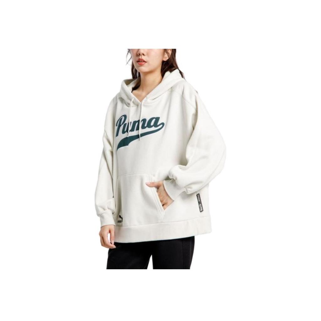 Puma Logo Print Hooded Pullover Fleece Sweatshirt Women Tops White 536184-05