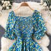 Women's Chic Sweet Slim Square Neck Bubble Sleeve Floral Dress Super Fairy Temperament A-line Dress